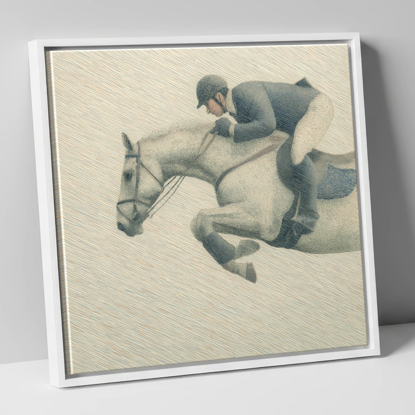 Structured Flight show jumping horse canvas wall art in white frame
