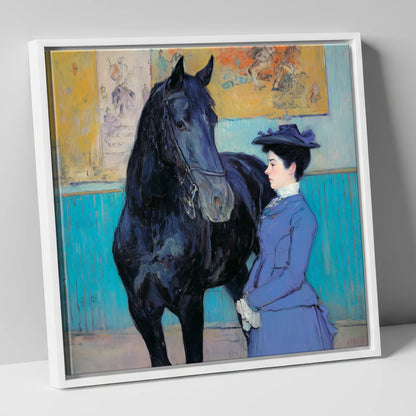 Elegant Acquaintance horse & rider canvas wall art in white frame