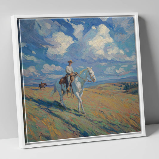 Under Western Skies western horse canvas wall art in white frame