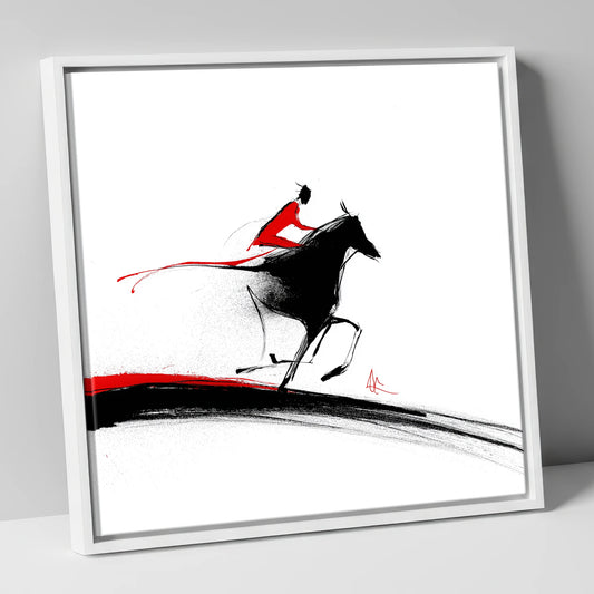 Crimson Pursuit racing horse canvas wall art in white frame