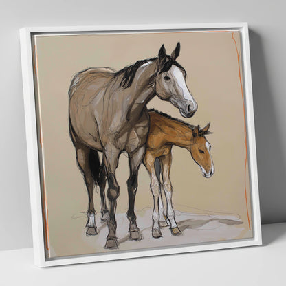 A Quiet Bond mare & foal canvas wall art in white frame