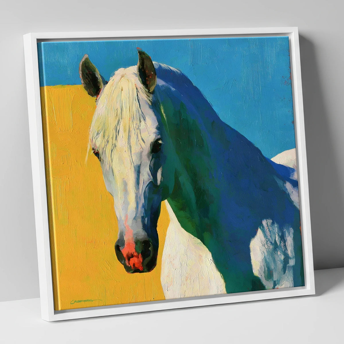 Grey Horse in Vibrant Sunlight horse breed canvas wall art in white frame