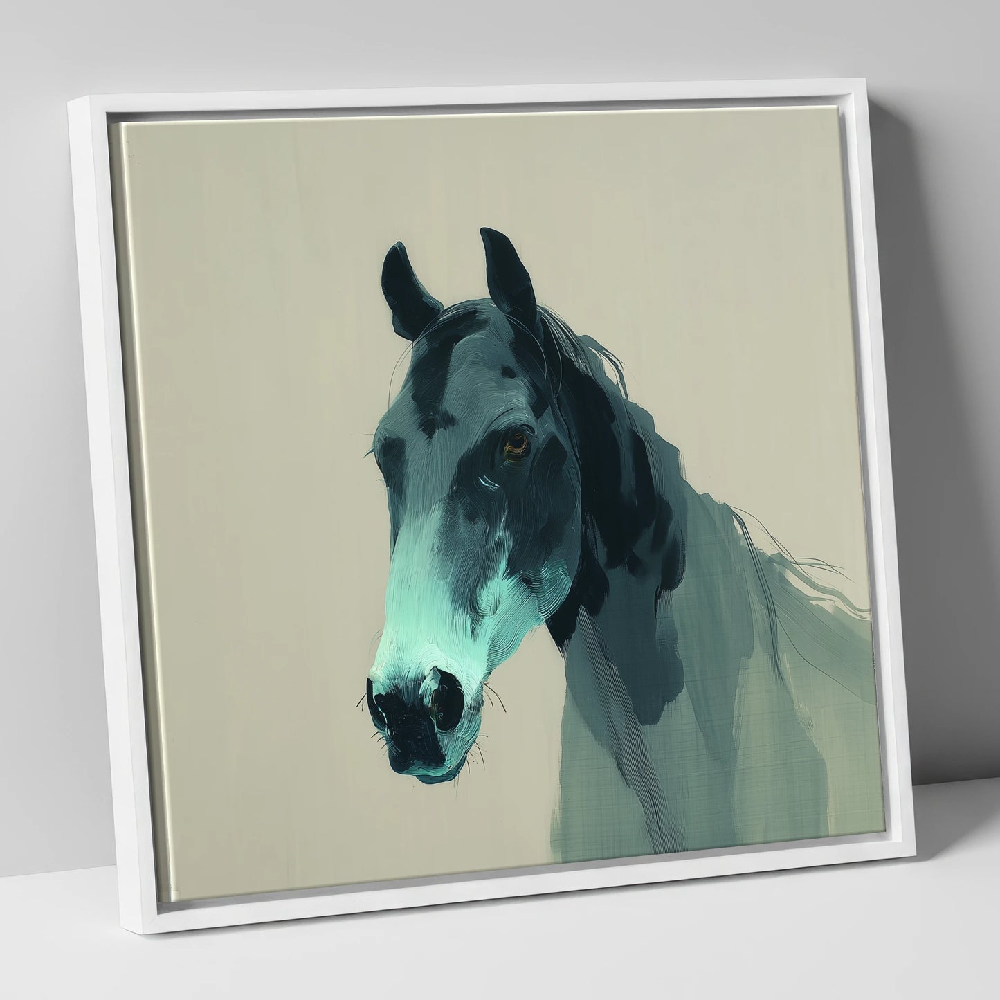 Contemporary Teal Equine horse portrait canvas wall art in white frame