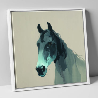 Contemporary Teal Equine horse portrait canvas wall art in white frame