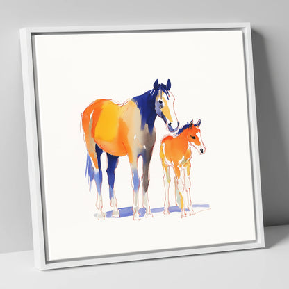 Sunlit Bond mare & foal canvas wall art in white frame