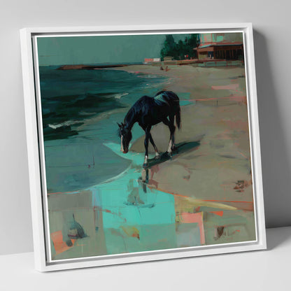 Coastal Solitude horse landscape canvas wall art in white frame
