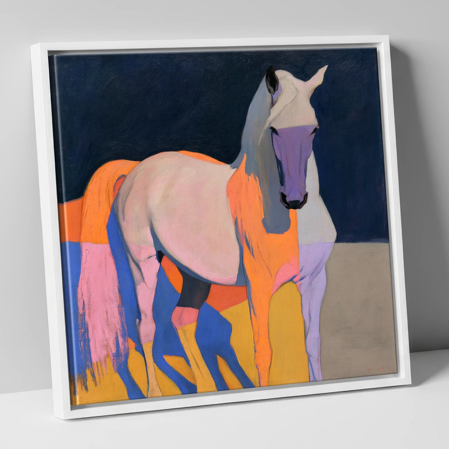 Colourful Abstract Grey Horse horse breed canvas wall art in white frame