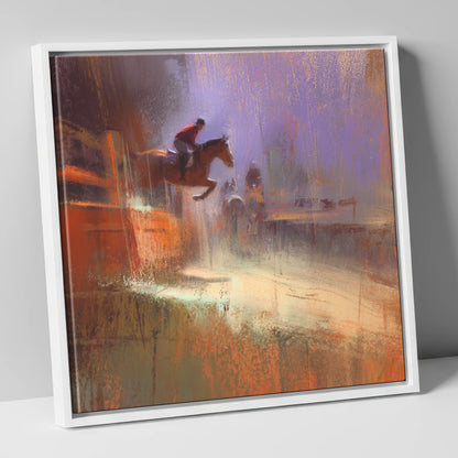 Violet And Sienna Ascent show jumping horse canvas wall art in white frame