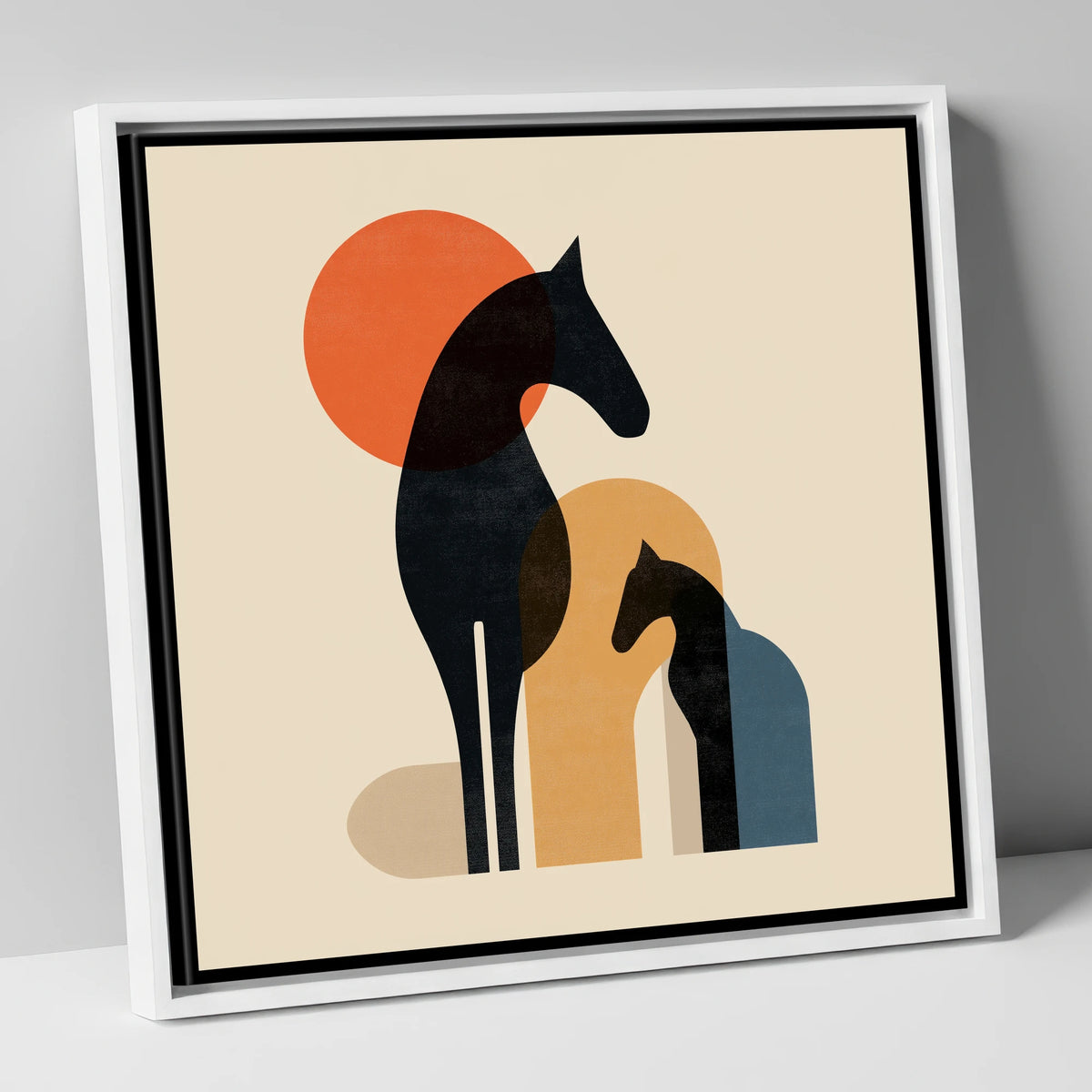 Retro Geometric Black Horse Silhouette horse & rider canvas wall art in white frame