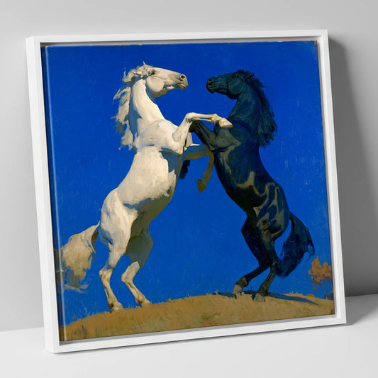 Cobalt Sky Stallions wild horses canvas wall art in white frame