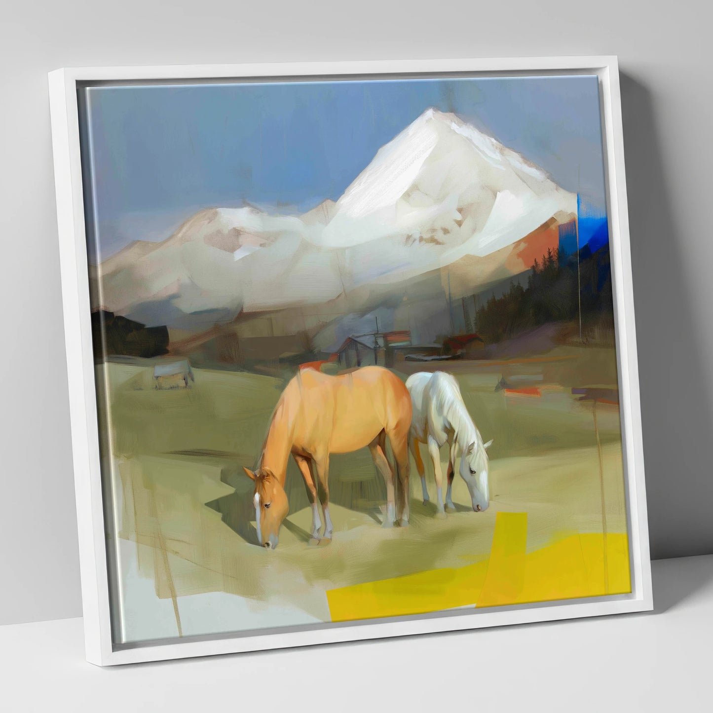 Grazing Beneath the Peaks horse landscape canvas wall art in white frame