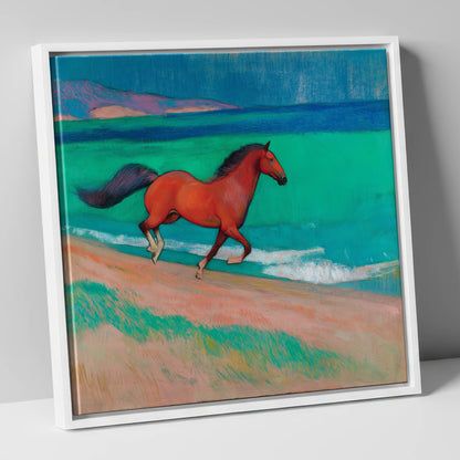 Crimson Coastal Canter horse landscape canvas wall art in white frame