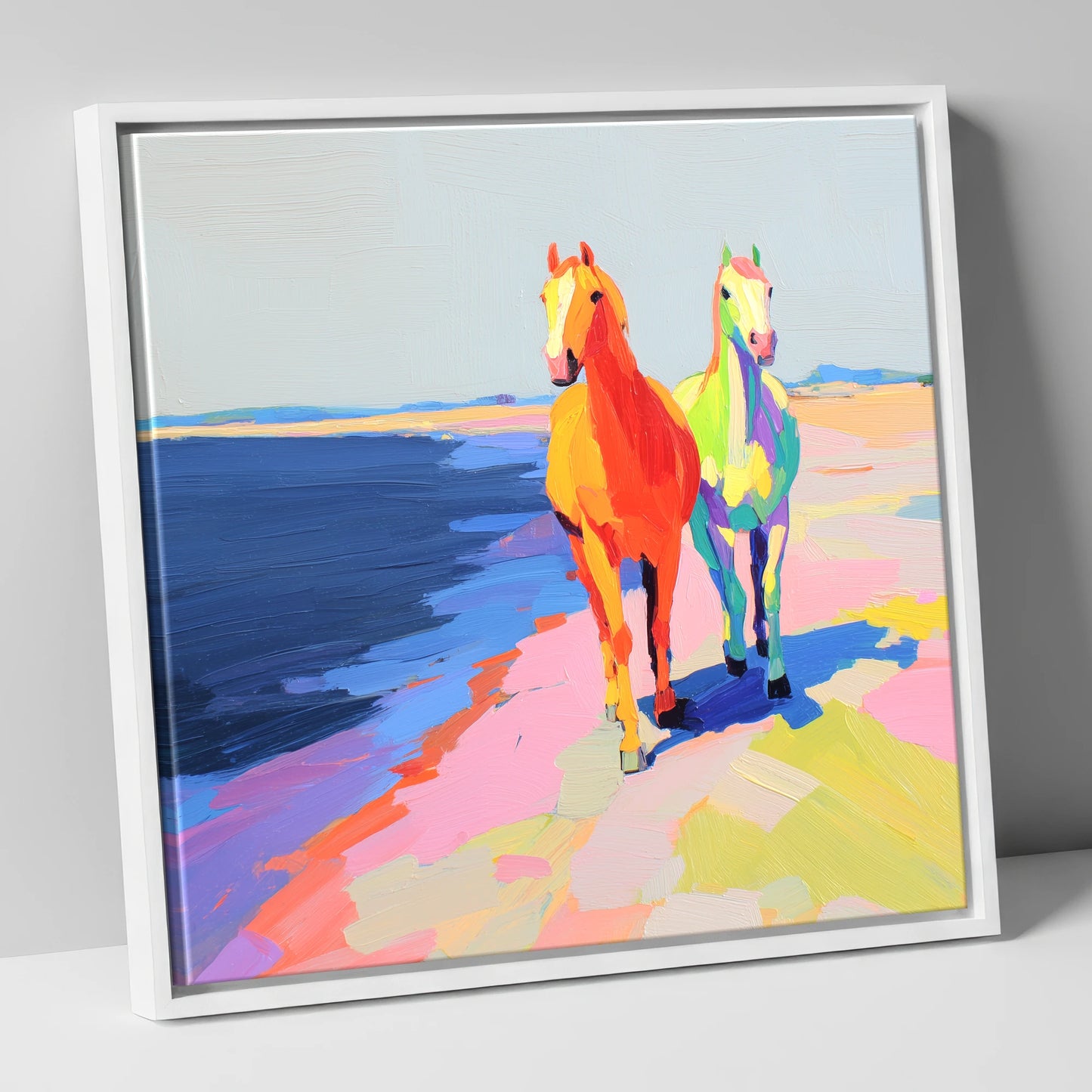 Vibrant Coastal Companions horse landscape canvas wall art in white frame
