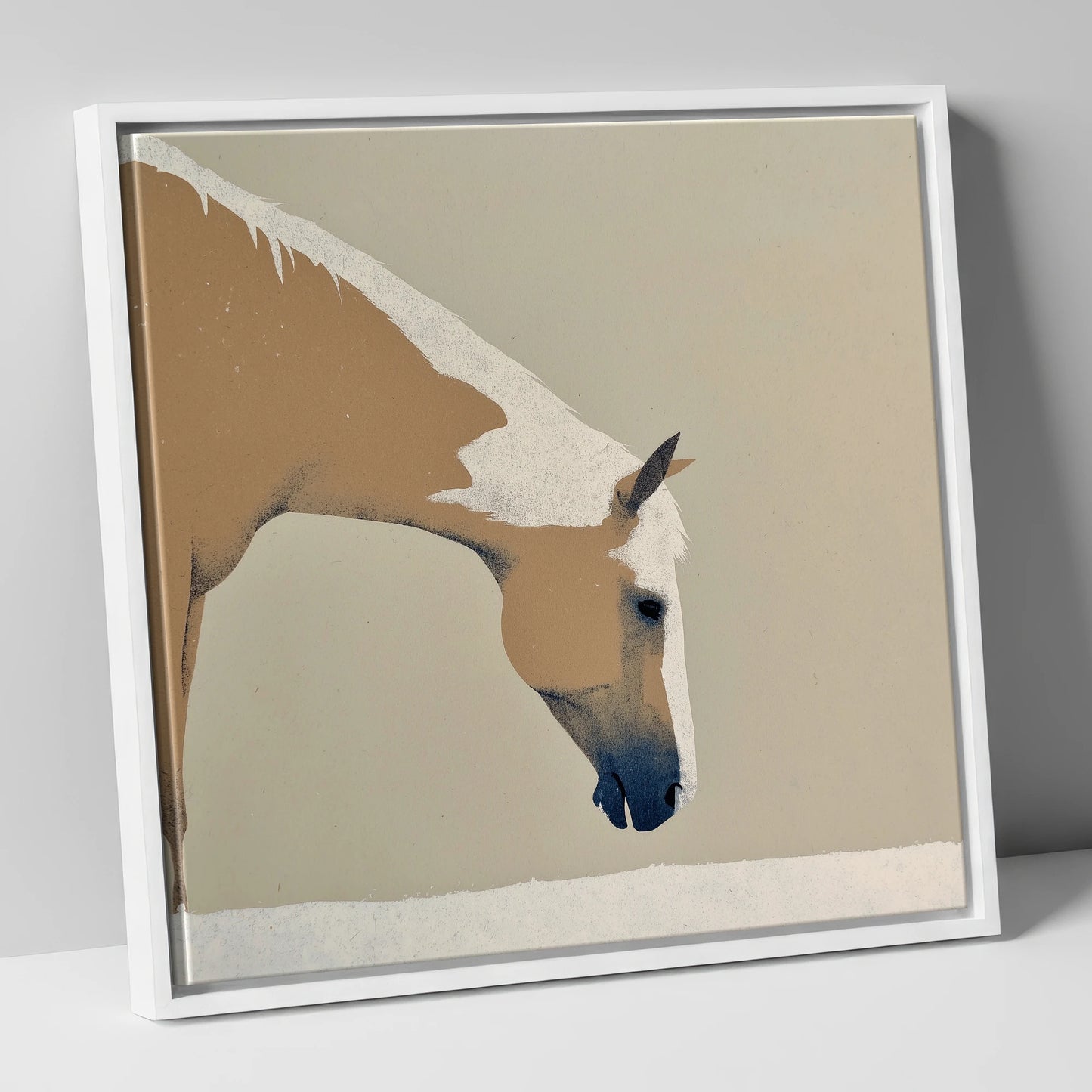 Serenity in Tan and Cream horse portrait canvas wall art in white frame