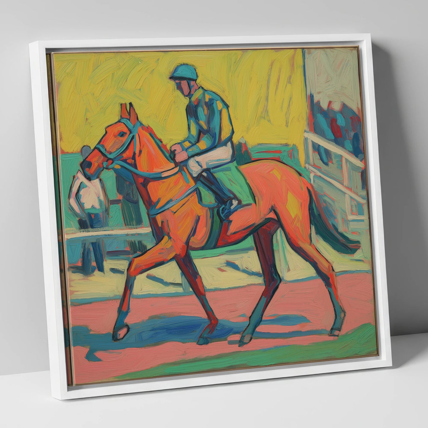 The Bold Contender racing horse canvas wall art in white frame