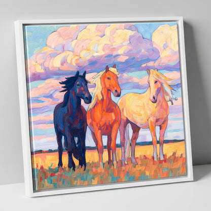 Three Under Painted Skies horse landscape canvas wall art in white frame
