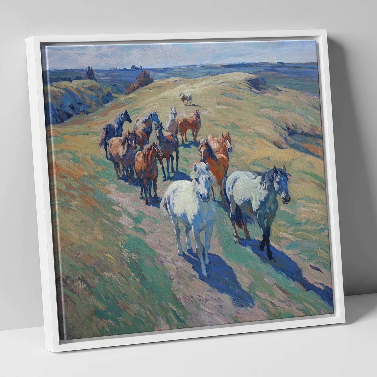 Over the Sunlit Rise wild horses canvas wall art in white frame
