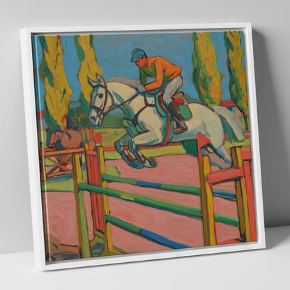 Vibrant Ascent show jumping horse canvas wall art in white frame