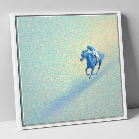 Luminous Racing Stride racing horse canvas wall art in white frame