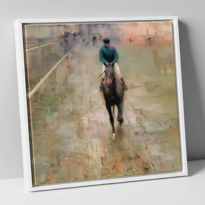 Dawn on the Turf racing horse canvas wall art in white frame