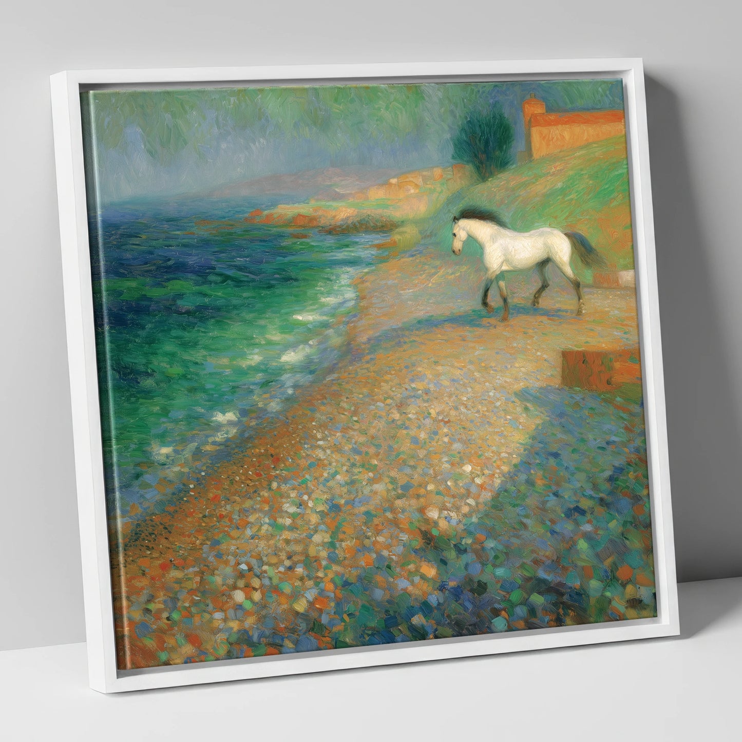 Vibrant Coastal Grey horse landscape canvas wall art in white frame