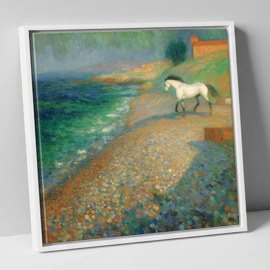 Grey Horse on Pebbled Shore horse landscape canvas wall art in white frame
