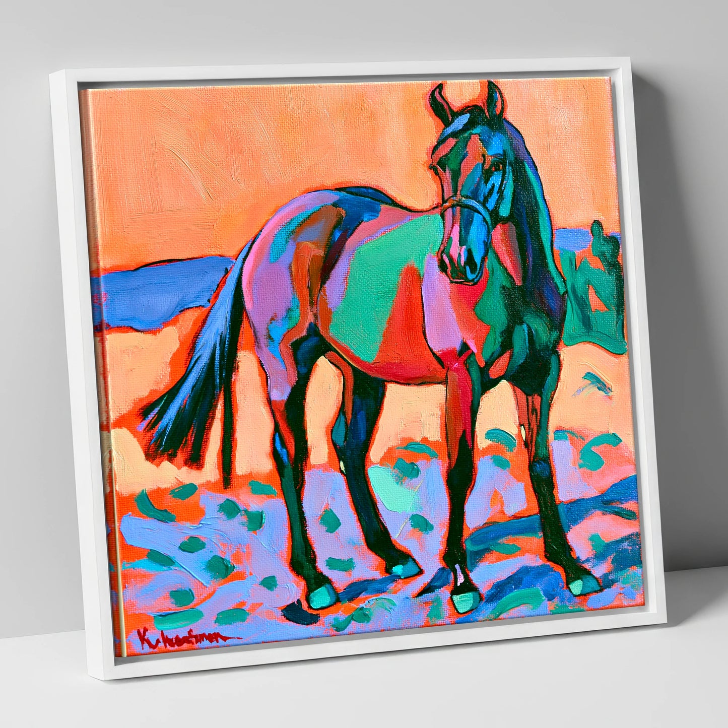 Vivid Turquoise And Purple Horse horse breed canvas wall art in white frame