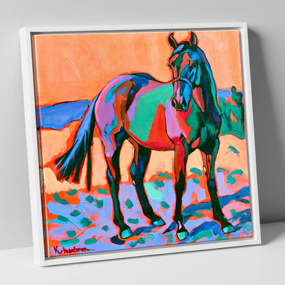 Vivid Turquoise And Purple Horse horse breed canvas wall art in white frame