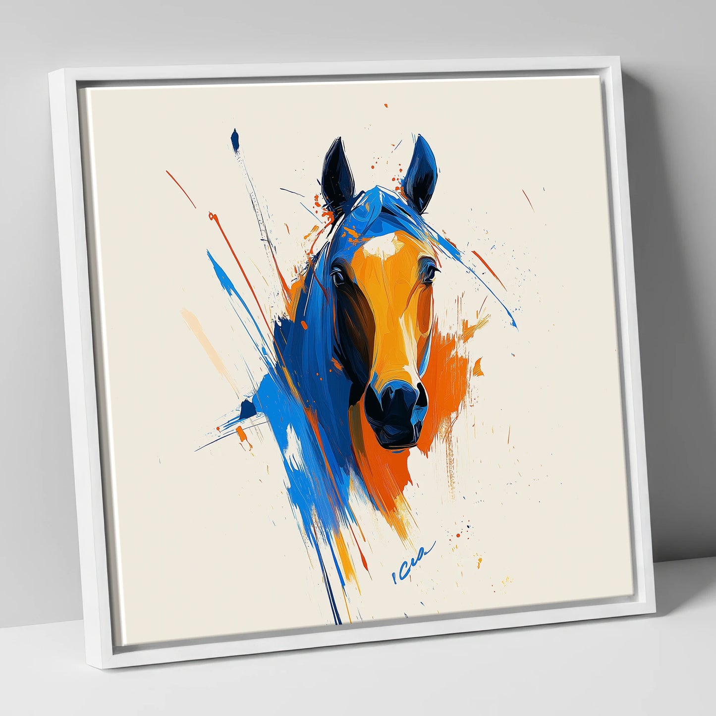 Indigo and Fire horse portrait canvas wall art in white frame