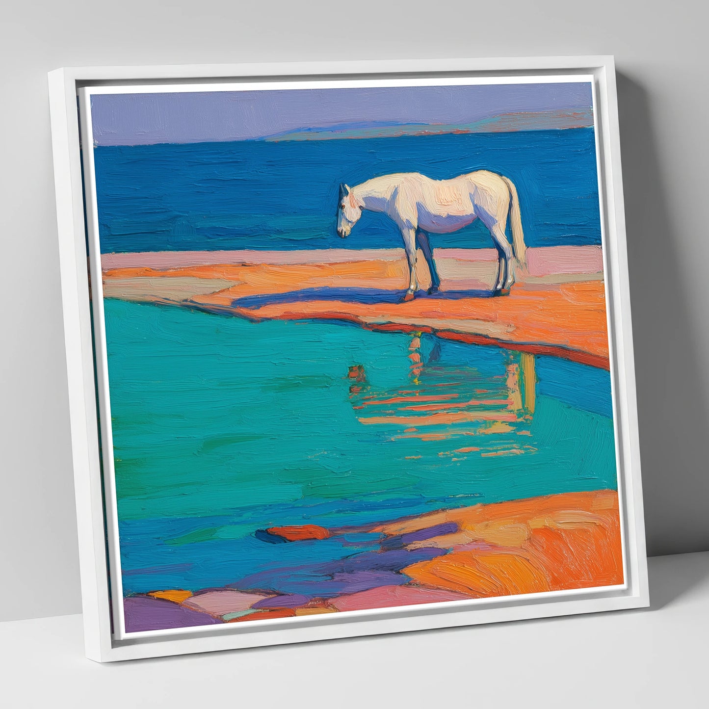 Turquoise Tide Reflections beach horse canvas wall art in white frame