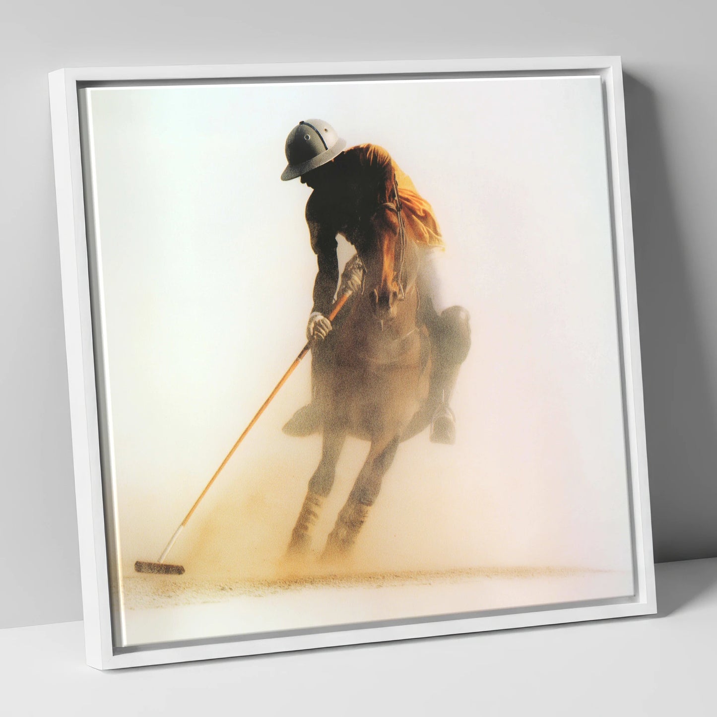 Out of the Dust polo horse canvas wall art in white frame