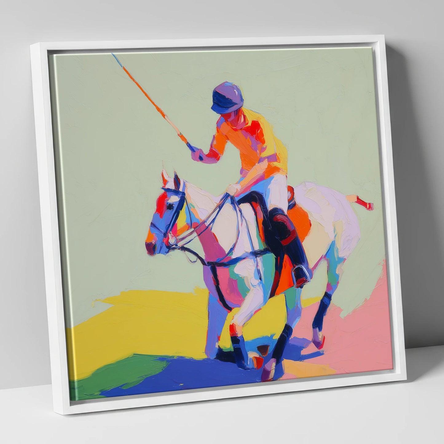 Vivid Midfield Strike polo horse canvas wall art in white frame