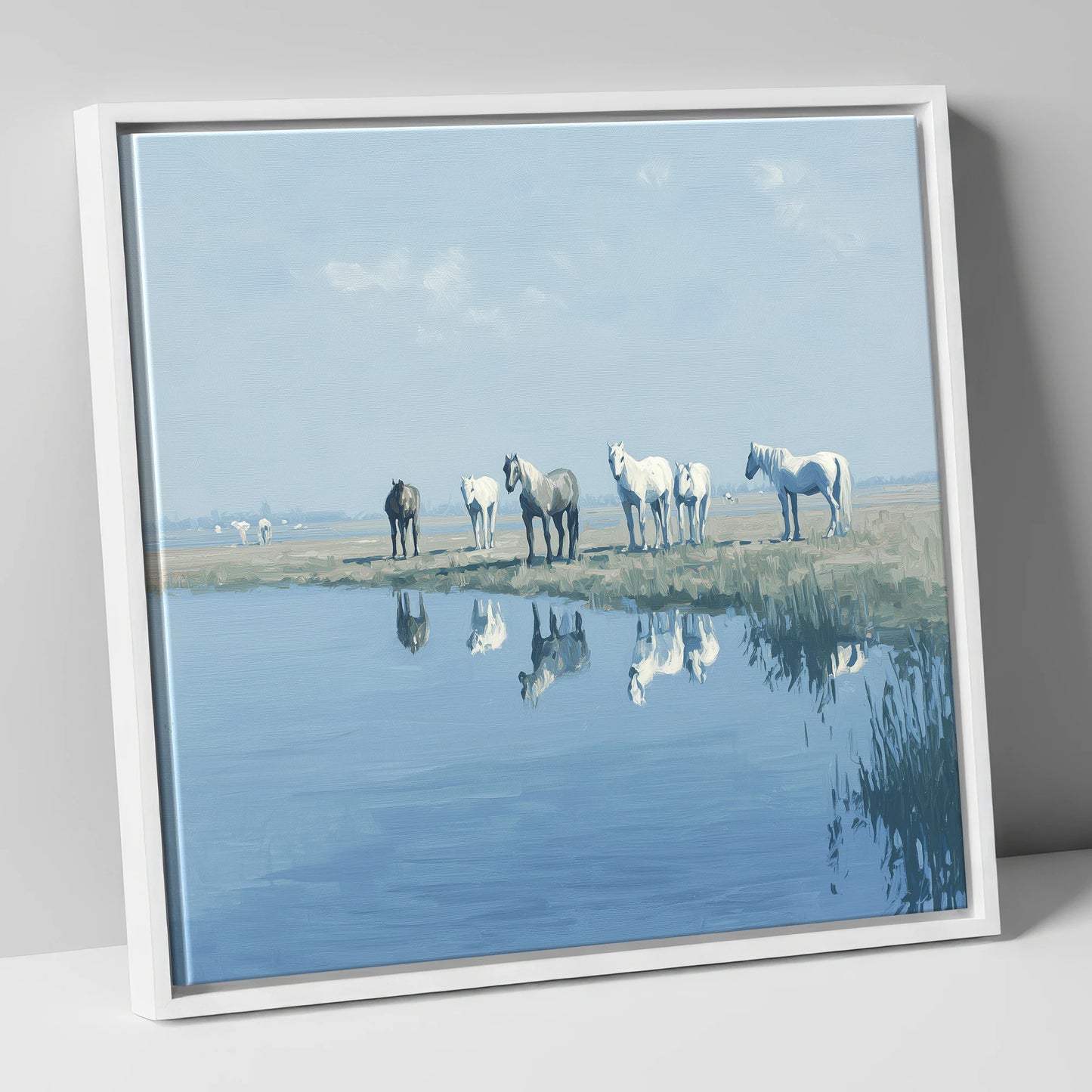 Reflections in Blue wild horses canvas wall art in white frame