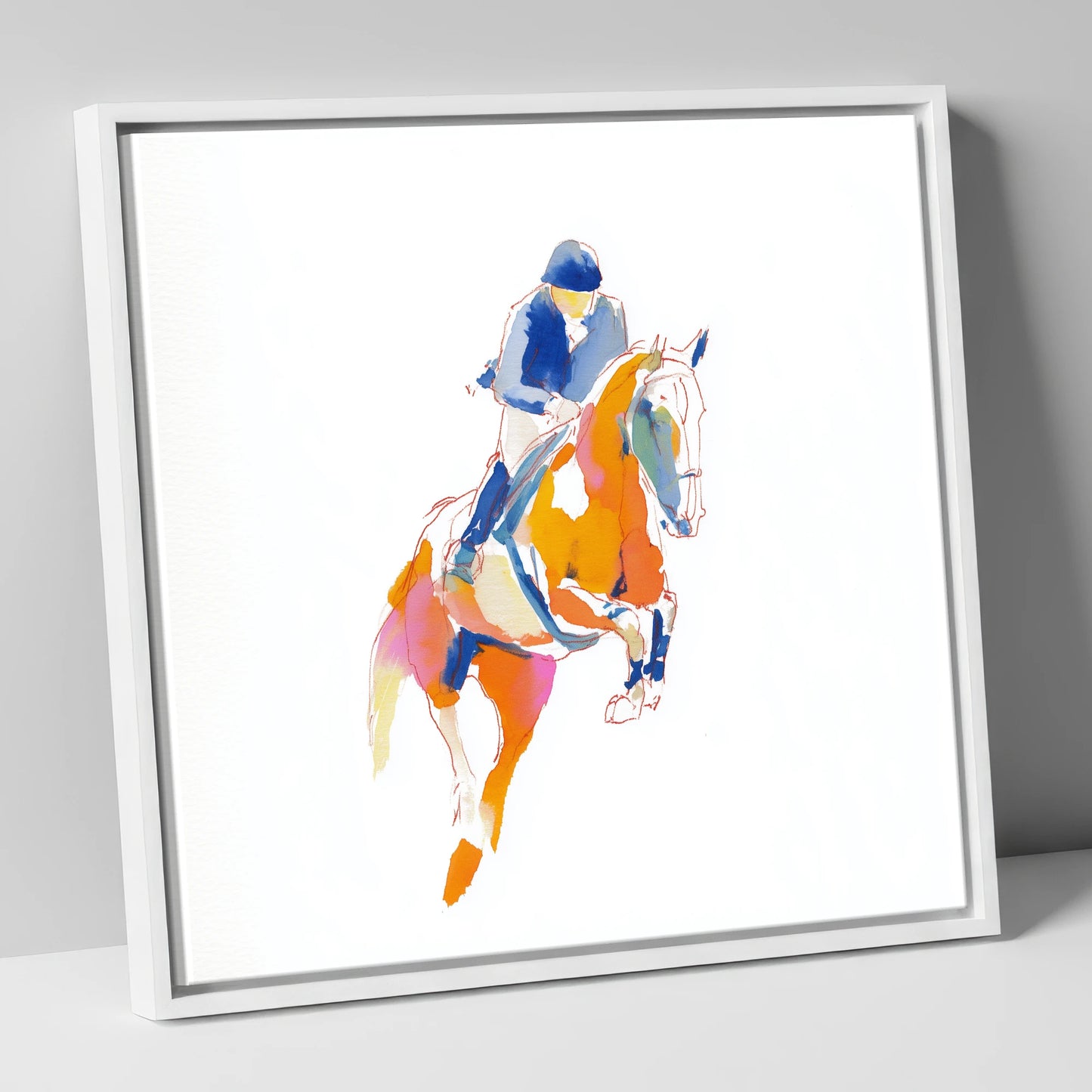 Vibrant Leap show jumping horse canvas wall art in white frame