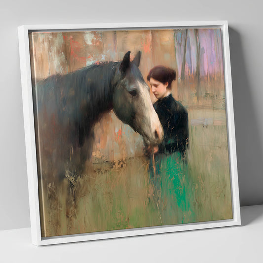 The Silent Bond horse & rider canvas wall art in white frame