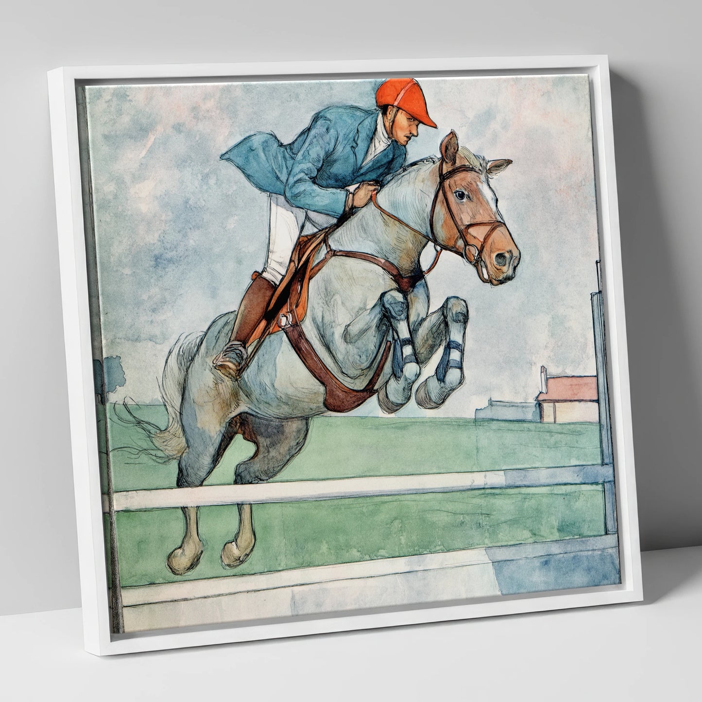 Clearing the White Rail show jumping horse canvas wall art in white frame