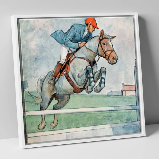 Clearing the White Rail show jumping horse canvas wall art in white frame
