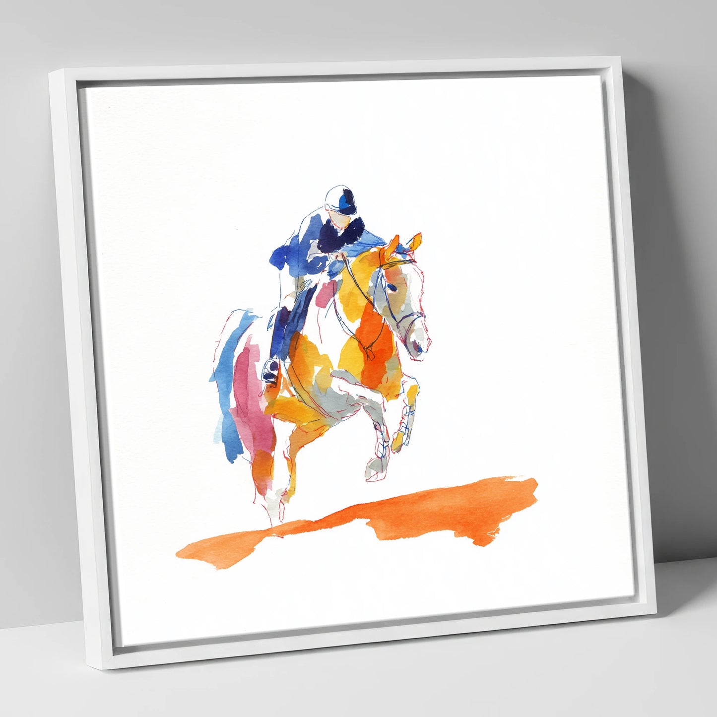 Flight In Colour show jumping horse canvas wall art in white frame