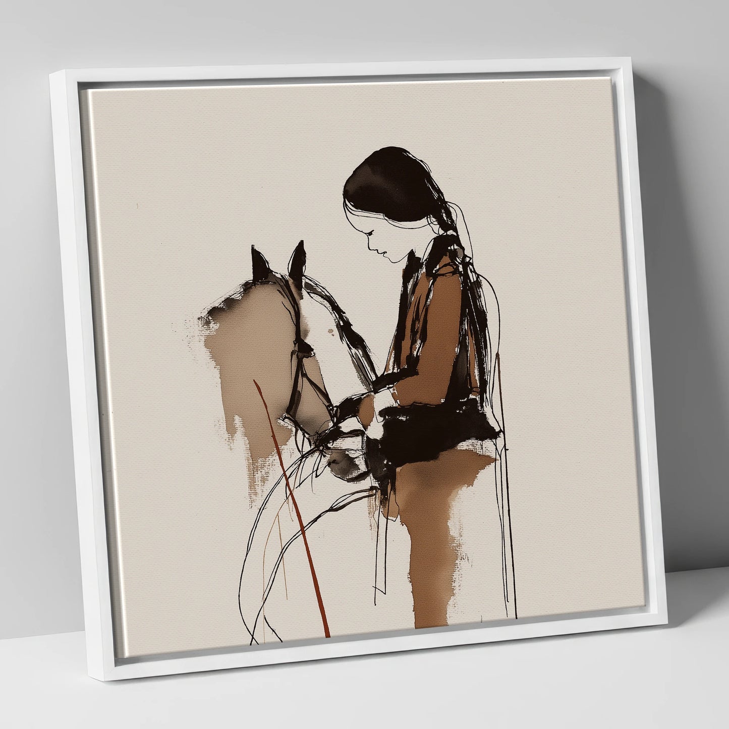 Silent Dialogue horse & rider canvas wall art in white frame