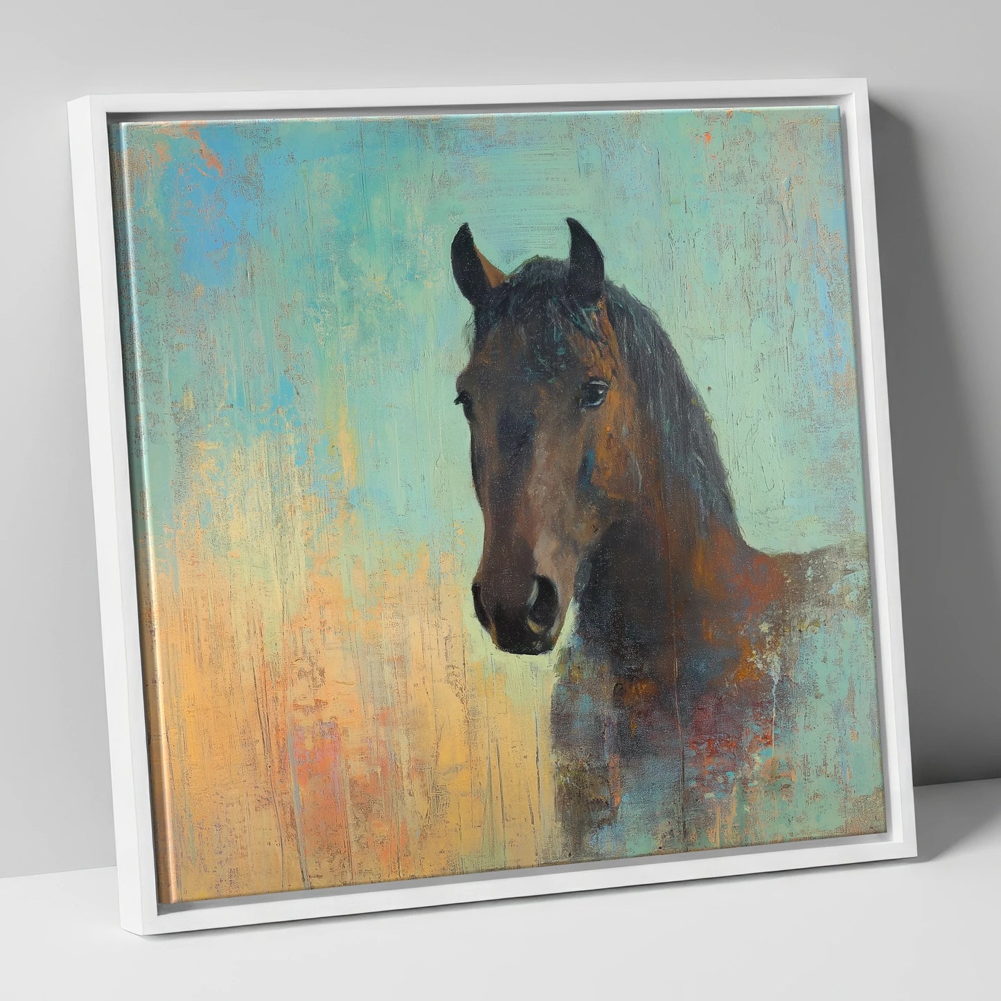The Steadfast Bay horse portrait canvas wall art in white frame