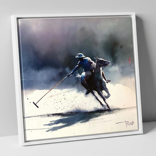 The Decisive Strike polo horse canvas wall art in white frame