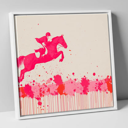 Magenta Flight show jumping horse canvas wall art in white frame