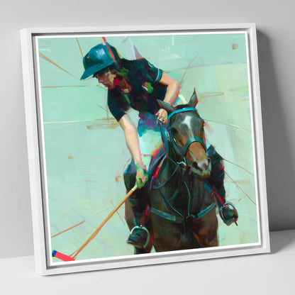 Mid-Match Focus polo horse canvas wall art in white frame