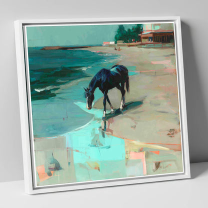 Coastal Solitude horse landscape canvas wall art in white frame