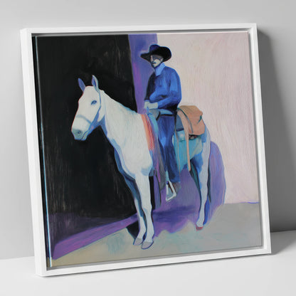 The Indigo Rider western horse canvas wall art in white frame