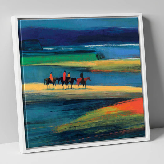 Riders on the Painted Tide horse landscape canvas wall art in white frame