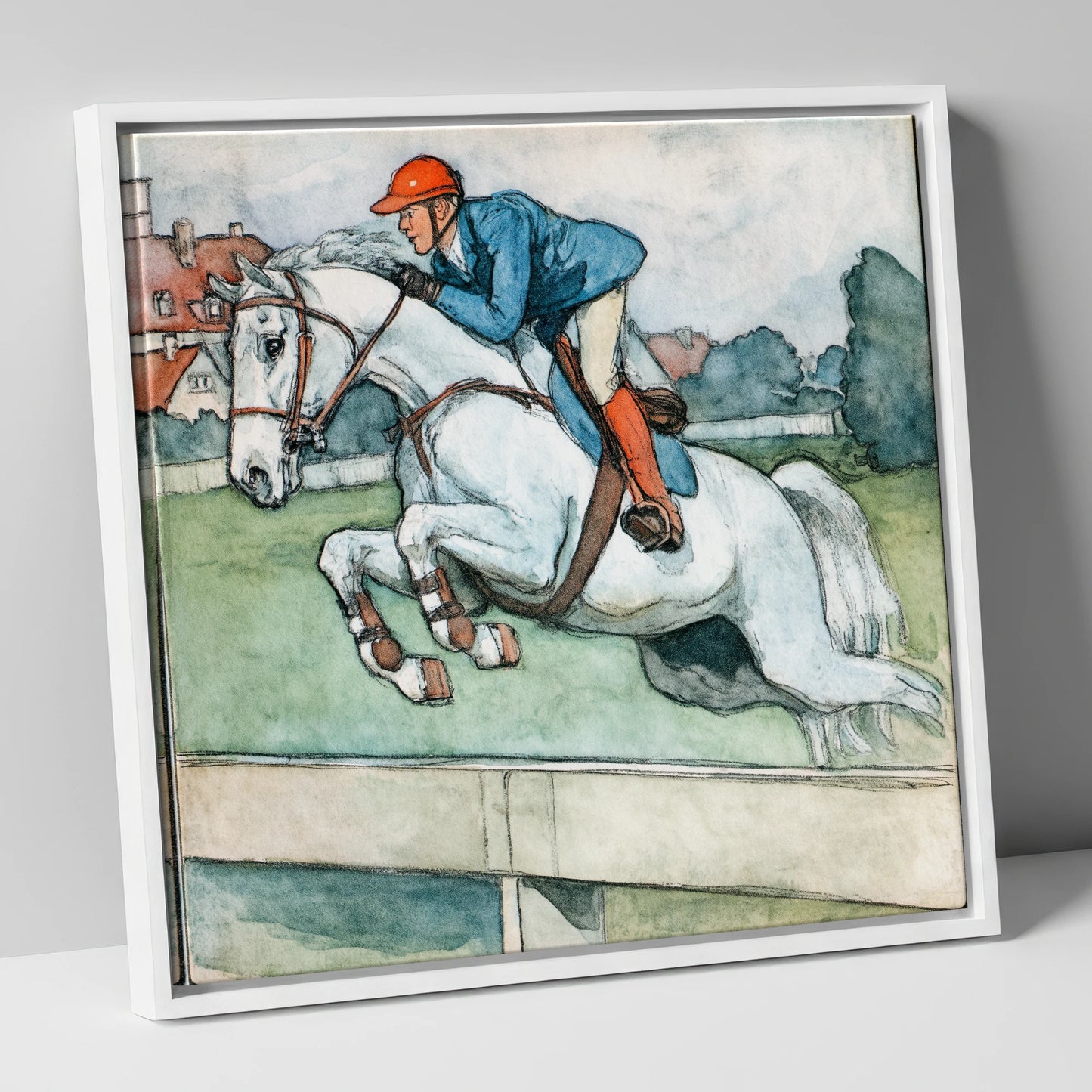 Clearing the Timber show jumping horse canvas wall art in white frame