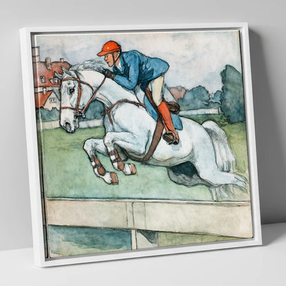 Clearing the Timber show jumping horse canvas wall art in white frame