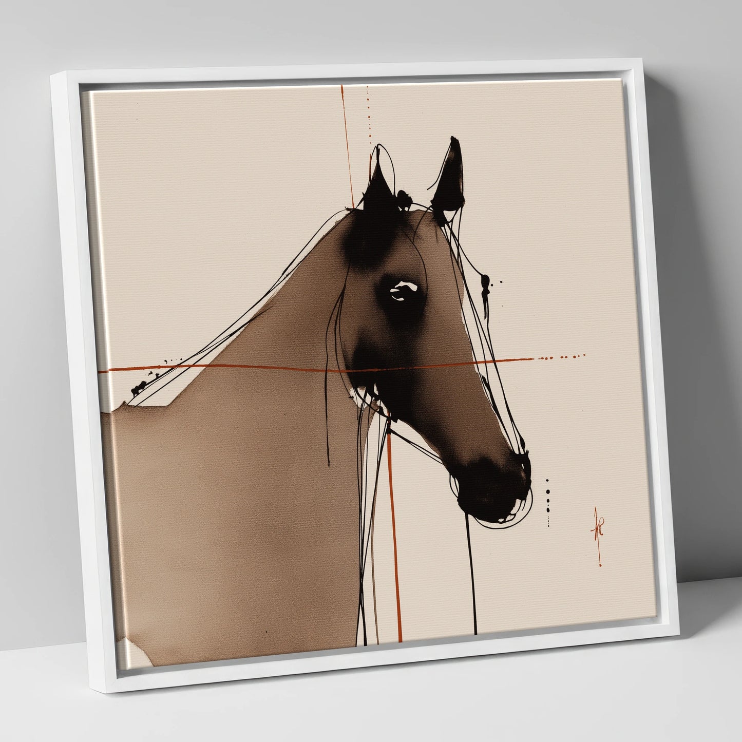Sepia Equine Silhouette horse portrait canvas wall art in white frame
