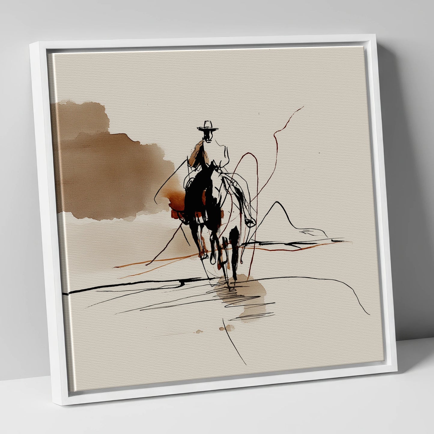 The Lone Rider western horse canvas wall art in white frame